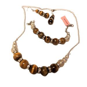 NWT South African Tigers Eyes TGW 25 cts Brown Silver Crystal Jewelry Set $229